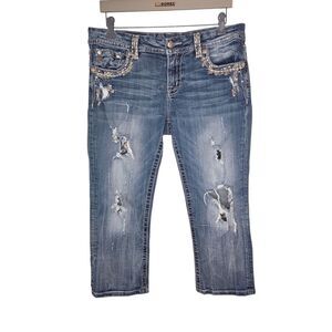 Miss Me Mid-rise Easy Cropped Bling Ripped Denim Jeans Size 31